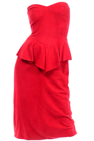 Vintage Vakko Red Suede Strapless Dress With Peplum
