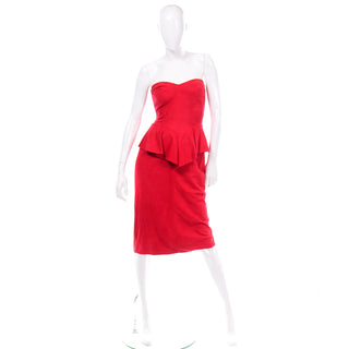 1980s Vintage Vakko Red Suede Strapless Dress With Peplum