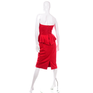 Vintage Vakko Red Suede Strapless Evening Dress With Peplum
