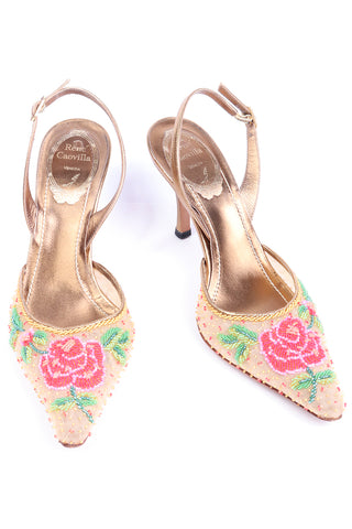 Rene Caovilla Beaded Slingback Shoes with Pink Roses & Heels