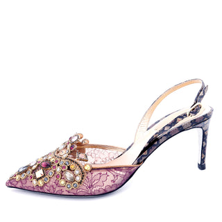 2000s Rene Caovilla Shoes Jeweled Slingback Heels w Purple Lace sz 6.5