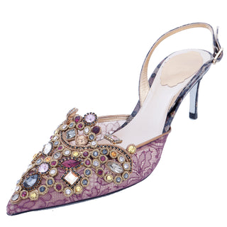 2000s Rene Caovilla Shoes Jeweled Slingback Heels w Purple Lace with box and bags
