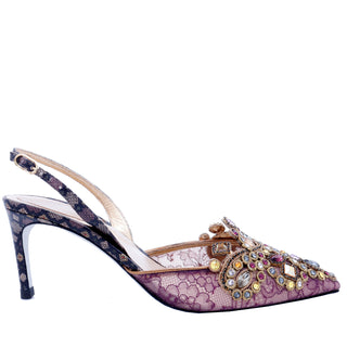 2000s Rene Caovilla Shoes Jeweled Slingback Heels w Purple Lace Shoes