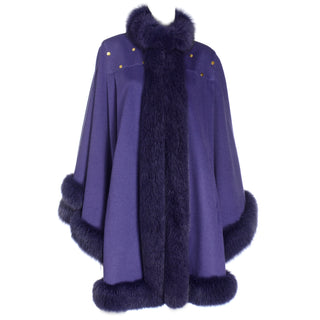 Vintage 1980s Revillon Purple Wool Studded Cape w Dyed Fox Fur Trim