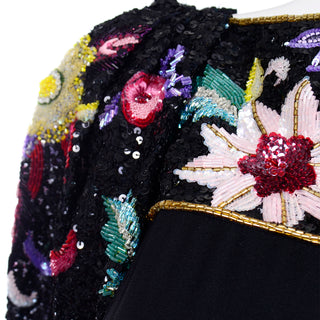 1980s Richilene Vintage Black Evening Dress w Multicolored Beads & Sequins Floral pattern