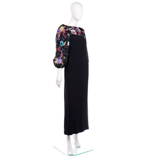 1980s Richilene Vintage Black Evening Long Dress w Multicolored Beads & Sequins