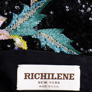 1980s Richilene New York Vintage Black Evening Dress w Multicolored Beads & Sequins 