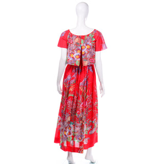 Red Floral Cotton Vintage 1970s Maxi Day or Evening Dress 