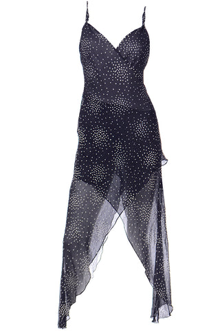 Ronit Zilkha 2001 Vintage Navy Blue Silk Dot Evening Dress