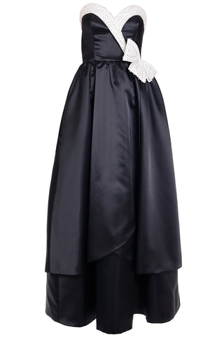 1980s Rose Taft Black Satin Vintage Strapless Sweetheart Evening Gown