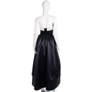 1980s Rose Taft Black Satin Vintage Strapless Sweetheart Evening Gown with white trim