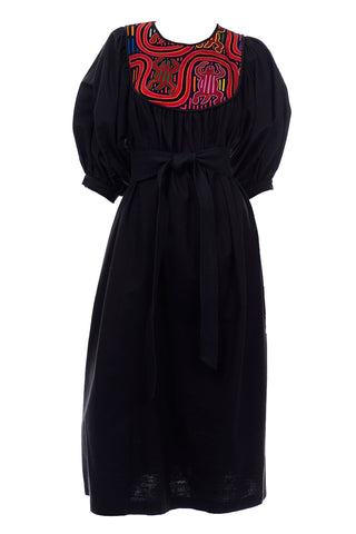 1960s Vintage Black Cotton Dress w/ Embroidery from Ecuador