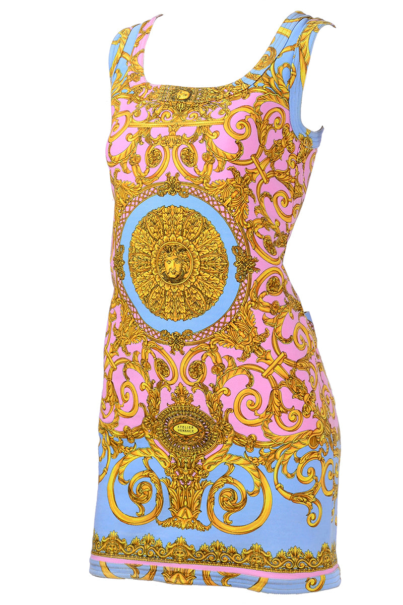 Early 1990's Versace Vintage Denim Mini Dress w/ Baroque Medusa Print – Modig