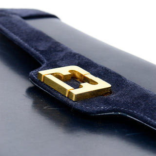 Salvatore Ferragamo Vintage Navy Blue Leather Shoulder Bag w Gold Clasp - Modig