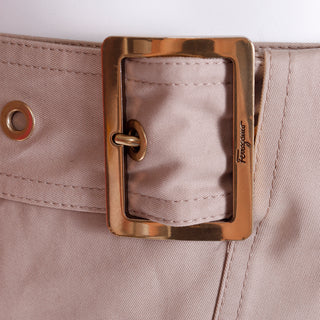 1990s Salvatore Ferragamo Vintage 2 Pc Skirt & Jacket Tan Suit Outfit Branded belt buckles