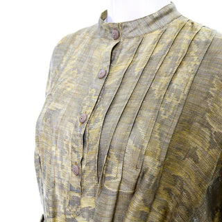 1980s Vintage Ferragamo Gold Linen Tunic Dress Pleating Detail