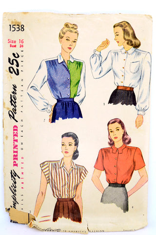 1946 Vintage Simplicity 1538 Blouses Sewing Pattern