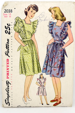 1943 Simplicity 2038 Vintage Pinafore Dress Sewing Pattern Ruffles
