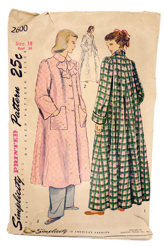 1948 Vintage Simplicity 2600 Vintage Hostess Robe Housecoat w pockets Pattern