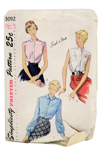 Simplicity 3092 Vintage 1949 Blouse Sewing Pattern 1940s