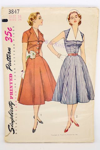 1952 Simplicity 3847 Vintage Dress Sewing Pattern w Detachable Collar