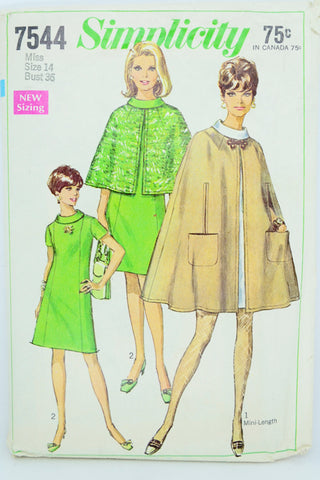 1960s  Simplicity 7544 Vintage Dress & Cape Sewing Pattern 