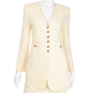Sonia Rykiel Cream Wool Skirt & Long Line Blazer Jacket Suit with signature gold buttons