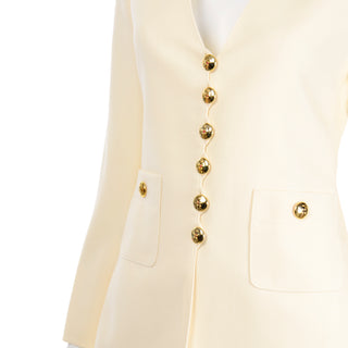 Sonia Rykiel Cream Wool Skirt & Long Line Blazer Jacket Suit Gold Buttons