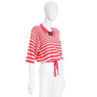 Rare 1980s Sonia Rykiel Striped Pink Wool Pullover Sweater Top w Drawstring