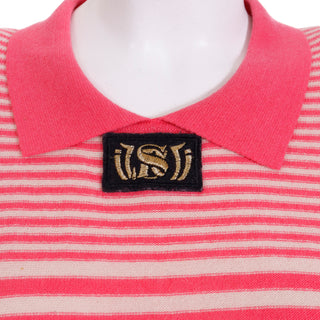 1980s Sonia Rykiel Striped Pink Wool Pullover Sweater Top w Drawstring S/M