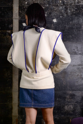 1980's Sonia Rykiel White Wool Sweater w/ Panels & Blue Trim