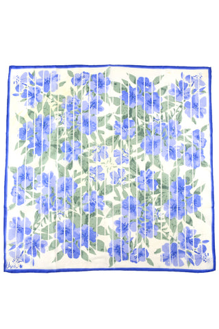 1960s Vera Neumann Pastel Blue & Green Floral Scarf w/ White Stripes