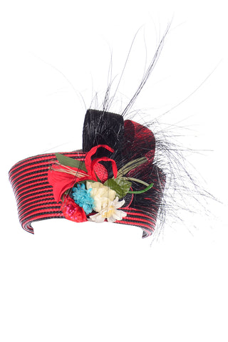 Vintage Sylvia Red and Black Feather Flower Statement Hat