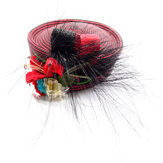 Vintage Sylvia Red and Black Striped Woven Straw Feather Flower Statement Hat
