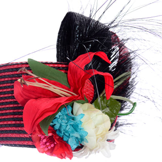 Vintage Sylvia Red and Black Feather Flower Statement Hat Summer