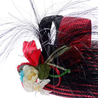 Vintage Sylvia Red and Black Feather Flower Statement Hat Woven Straw Summer hat