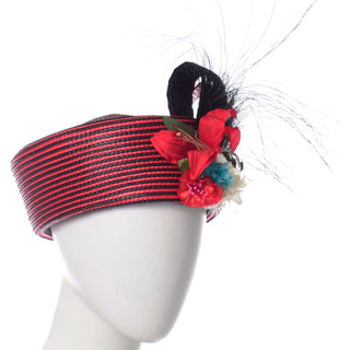 Vintage Sylvia Red and Black Feather Flower Statement Hat Unique