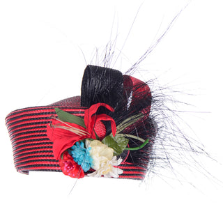 Vintage Sylvia Red and Black Stripe Woven Straw Feather Flower Statement Hat