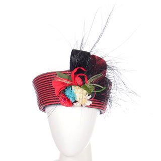 Vintage Sylvia Red and Black Stripe Feather Flower Statement Hat 