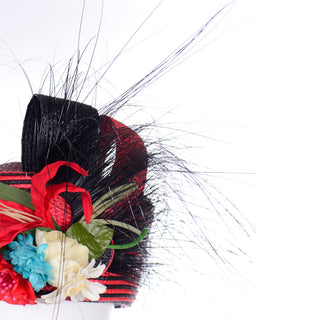 Vintage Sylvia Red and Black Feather Flower Summer Woven Straw Statement Hat