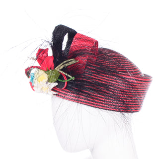 Vintage Sylvia Red and Black Straw woven Feather Flower Statement Hat