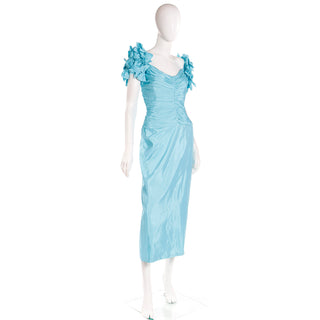 1980s Tadashi Blue Satin Evening Dress Gown w Multi Bow Statement Sleeves