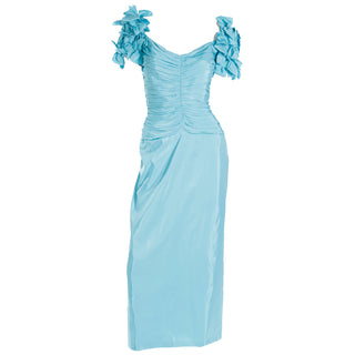 1980s Tadashi Blue Satin Evening Dress w Multi Bow Statement Sleeves 8
