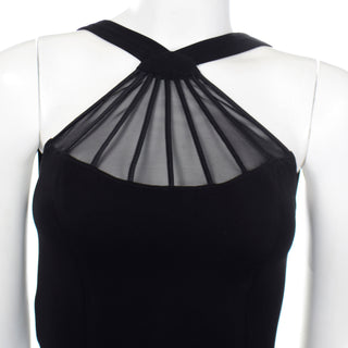 1990s Tadashi Vintage Black Bodycon Sheer Mesh Halter Dress open back