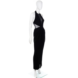 1990s Tadashi Long Black Evening Dress w Sheer Mesh Peek a boo Panels