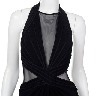 1990s Tadashi Long Black Evening Dress w Sheer Mesh Panels Halter neck