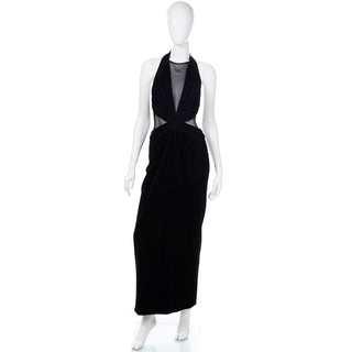 1990s Tadashi Long Black Evening Dress w Sheer Mesh Panels w thigh high slit