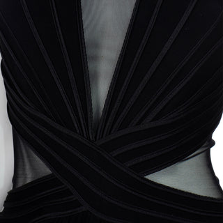 1990s Tadashi Long Black Evening Dress w Sheer Mesh Panels Ribbed