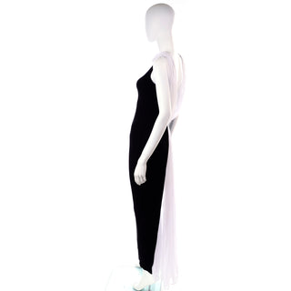 90s Tadashi Shoji Vintage Long Black Dress W Chiffon Drape Low Back