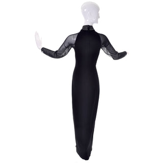 Vintage Tadashi Shoji Black Long Evening Dress Sheer Sleeves